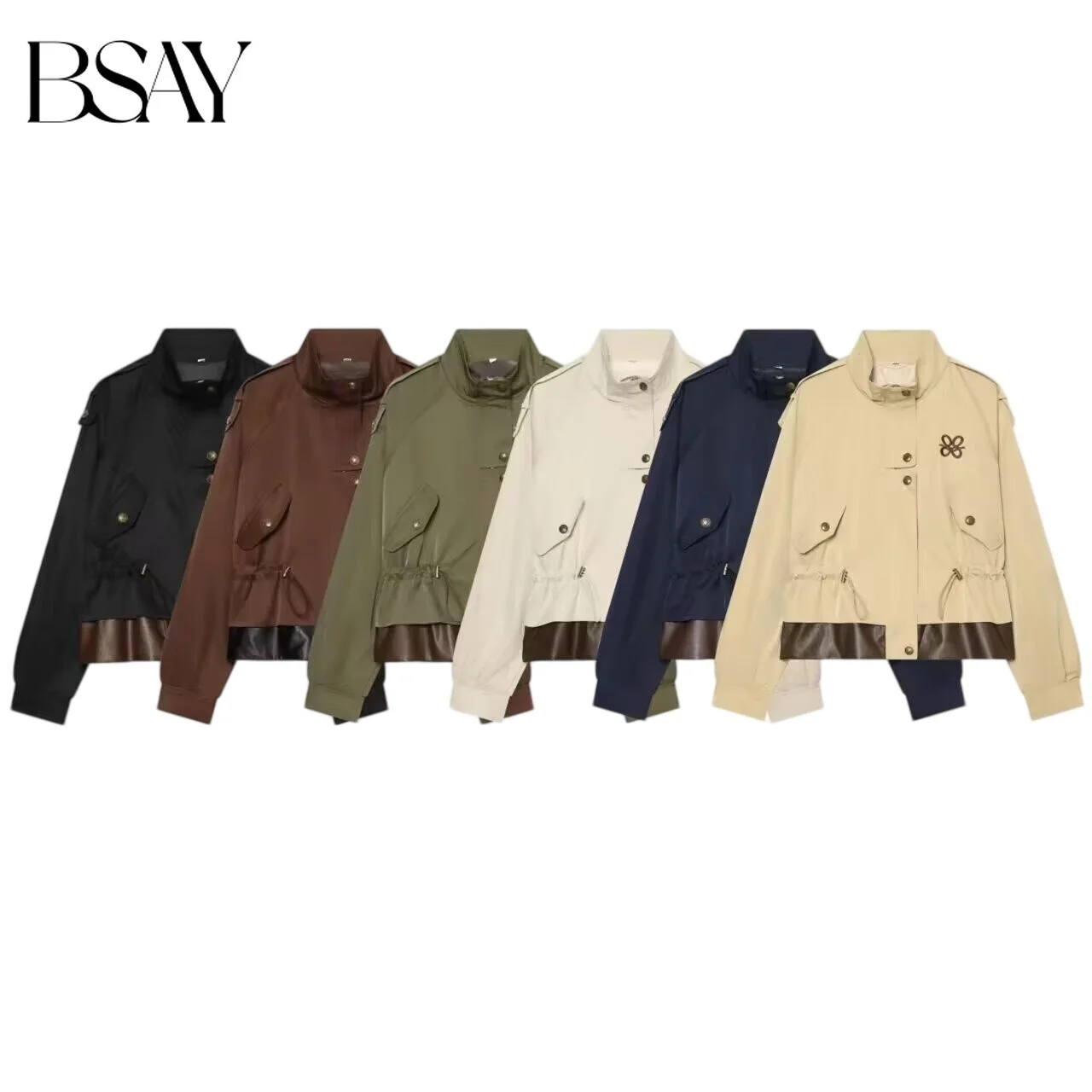 BSAY Women Stand Collar Color Block Moto Jacket Long Sleeve Cropped Drawstring Waist Casual Autumn Winter Outerwear With Pockets