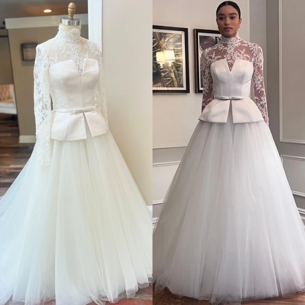 

Garden Outdoor Wedding Ceremony Dress Peplum Corset Lace High Neck Topper Jacket Castle Maternity Bridal Photo Gown Custom