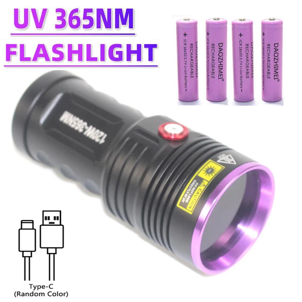 

365nm UV Flashlight 120W High Power Type C USB Rechargeable Blacklight Purple Torch Pet Cat Dog Stains Urine Detector