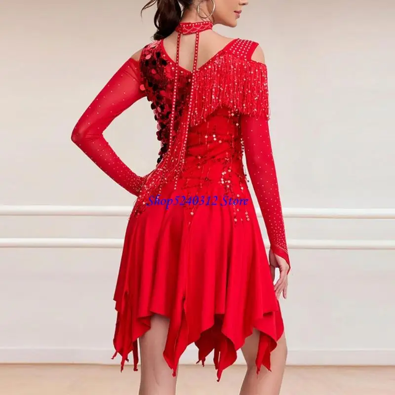 634C Profesjonalna sukienka do tańca latynoamerykańskiego, z cekinami i frędzlami, z długim rękawem, poliestrowa, na występy i