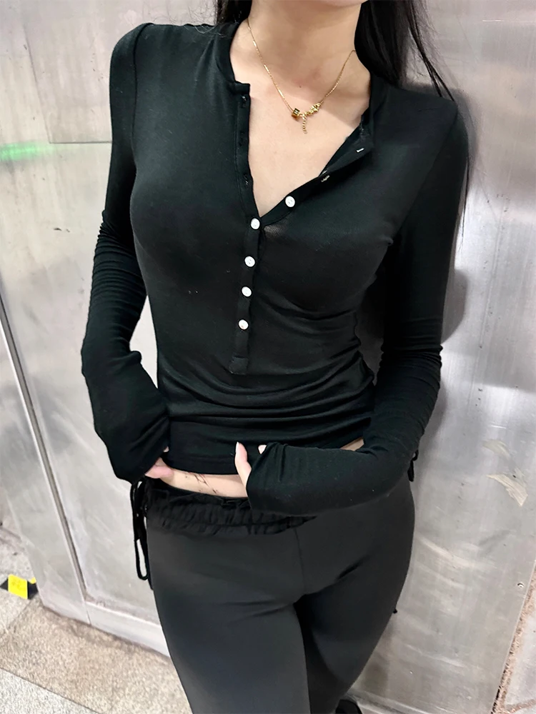 

Slim Fit Long Sve Henry Collar Knitwear High Elastici Thin Base irt Sexy Warm ell Button Slimming Versatile T-irt