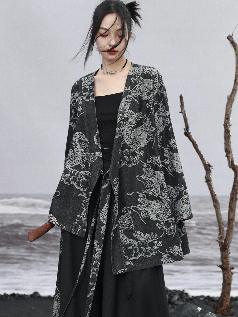 UMI MAO New Chinese Cross Collar Denim Coat Spring Women's New Chinese Dragon Pattern Jacquard Asymmetric Top Femme