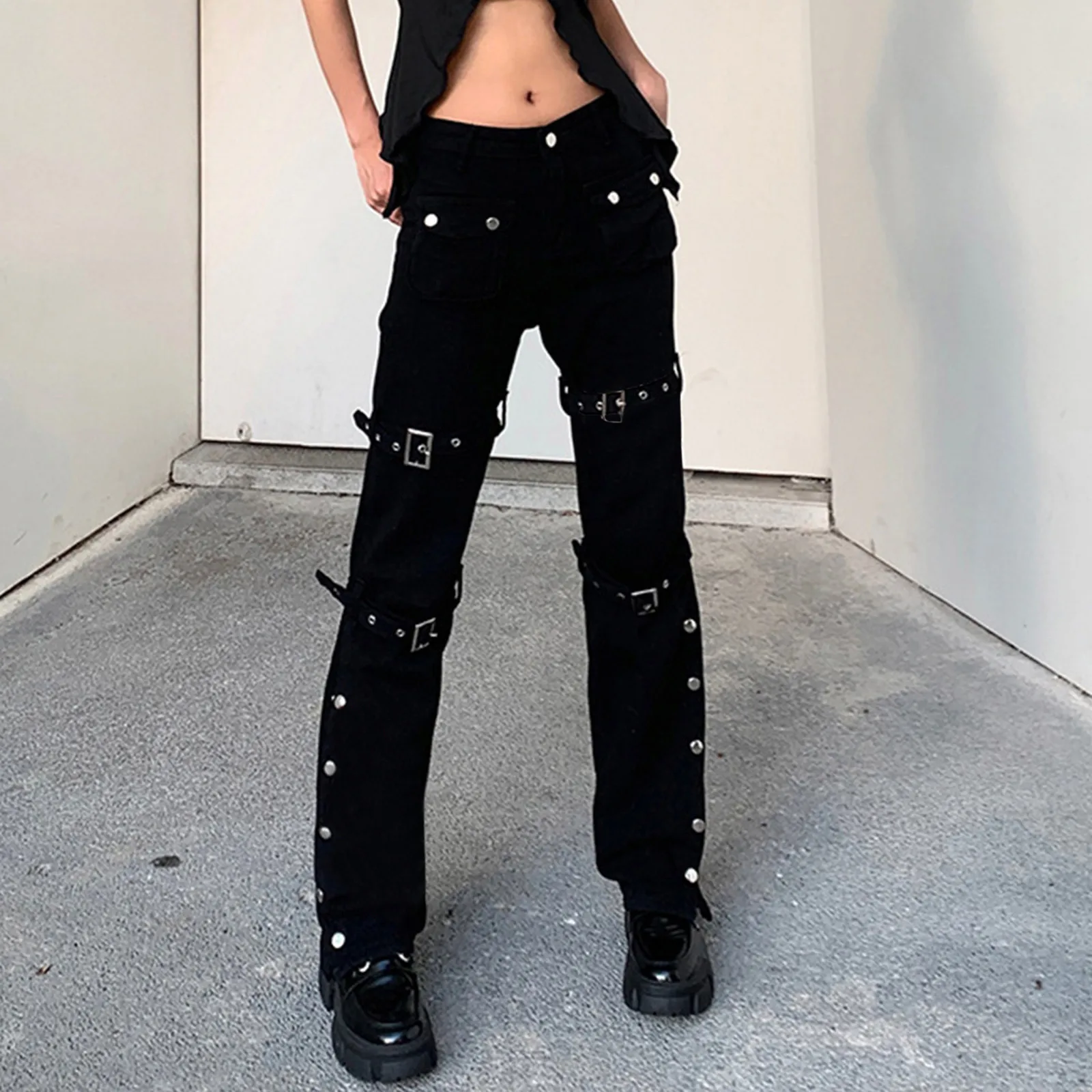 Hippie Cool Girls Straight Pants Punk Gothic Trendy Metal Buckle Side Split Black Trousers Y2k Streetwear Belted Low Waist Pants