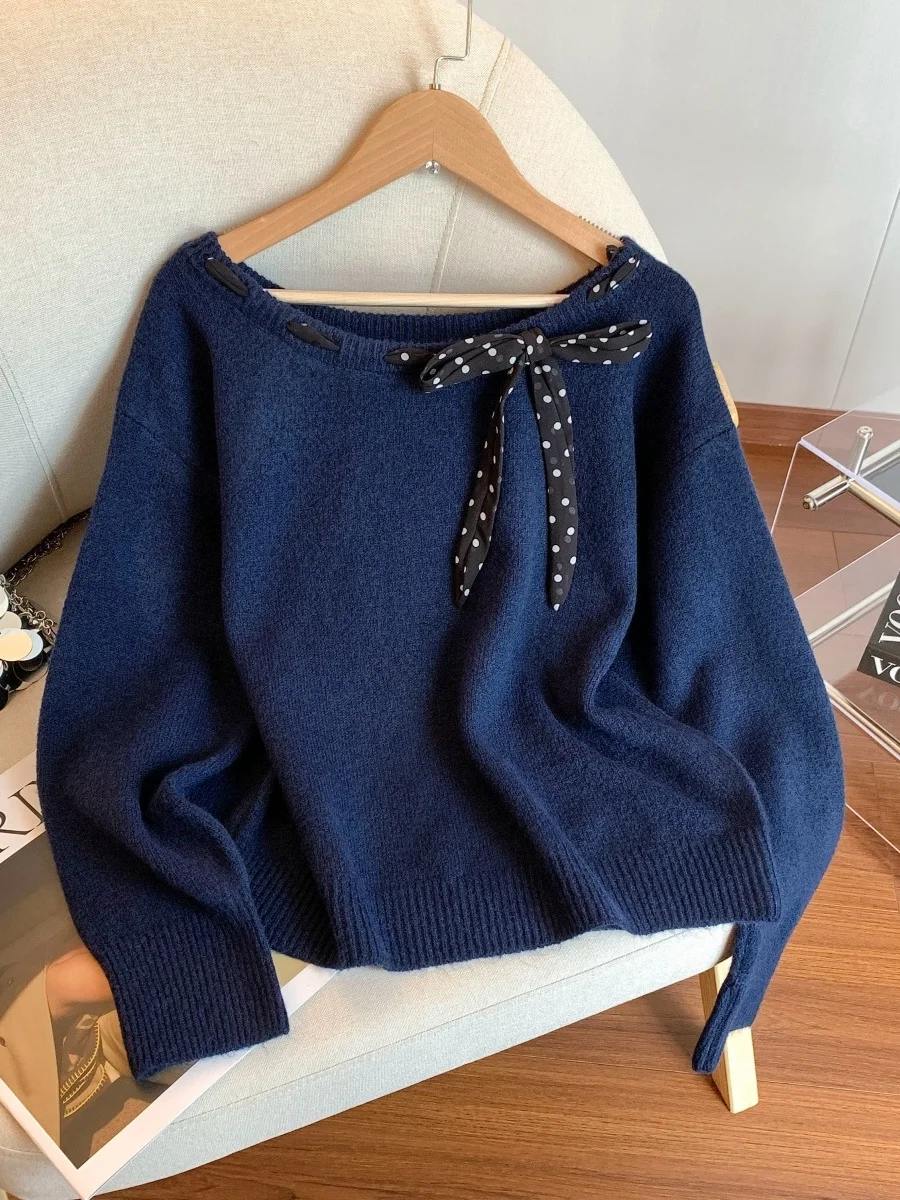 

Sweet Knot Polka Dot Knitted Sweater Women's Long Sve One oulder Top Fall Faion Design Unique Small ence