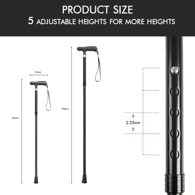 Adjustable 5-Section Walking Canes LED Light Aluminum Alloy Shaft Cane Walking Stick for Old