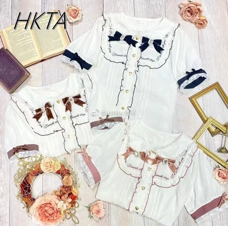 

2025 Summer New Blouse Women Shirts Japanese Sweet Bow English Embroidery Cute Doll Collar Short-sleeve Chiffon Shirt Lolita Top