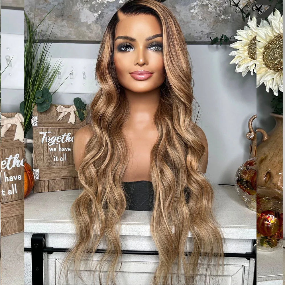 

Highlight Golden Honey Blonde Loose Wave V Part Wig Remy 100% Human Hair Glueless Wavy Ombre Ash Brown U Shape Wigs Full End