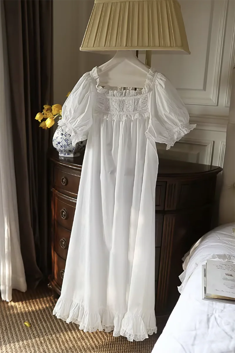 Unikiwi Vintage Women Sleepwear Princess Dress Royal Style Lace Square Collar Nightgowns.Puff Sleeves Long Nightdress Nightie