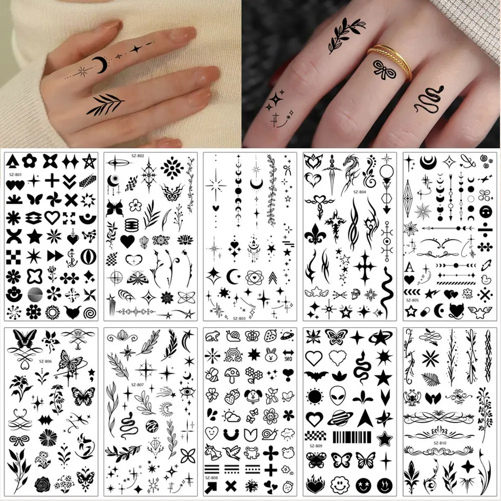 10pcs Finger Tattoo Stickers Waterproof Flower Leaf  Moon Snake Pattern Temporary Tattoo Black Small Henna Fake Tattoo for Hand
