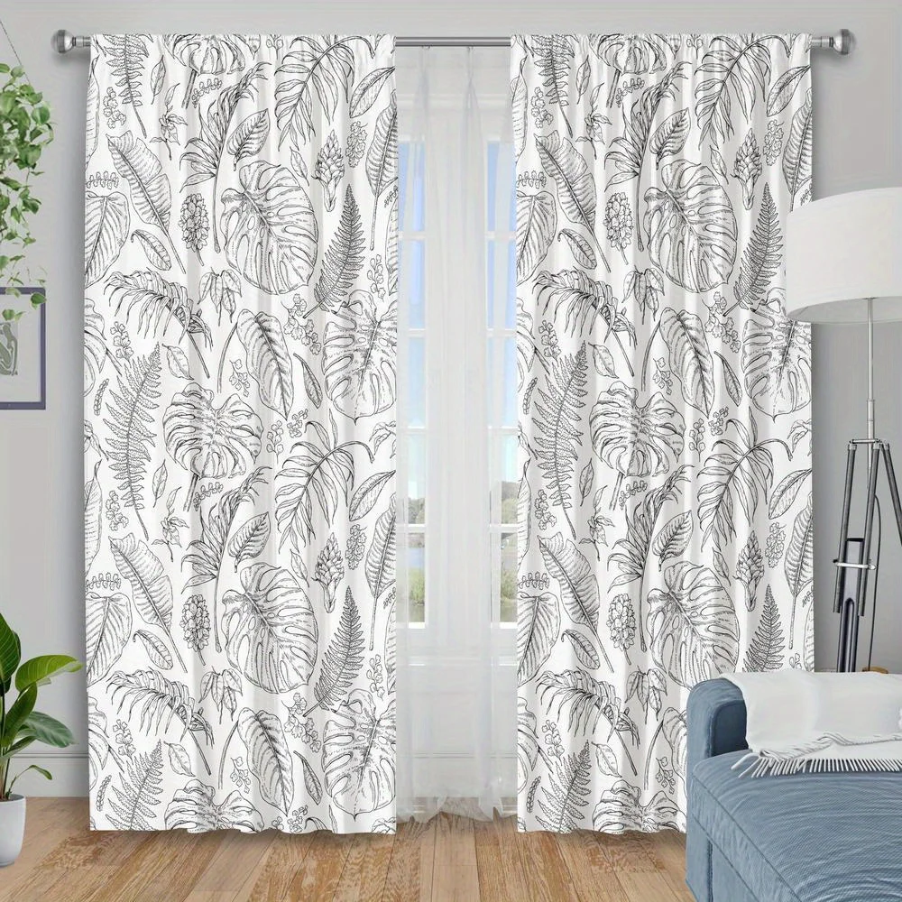 2pc Tropical leaf pattern curtains, made of polyester, machine washable, suitable for living room and bedroom.
