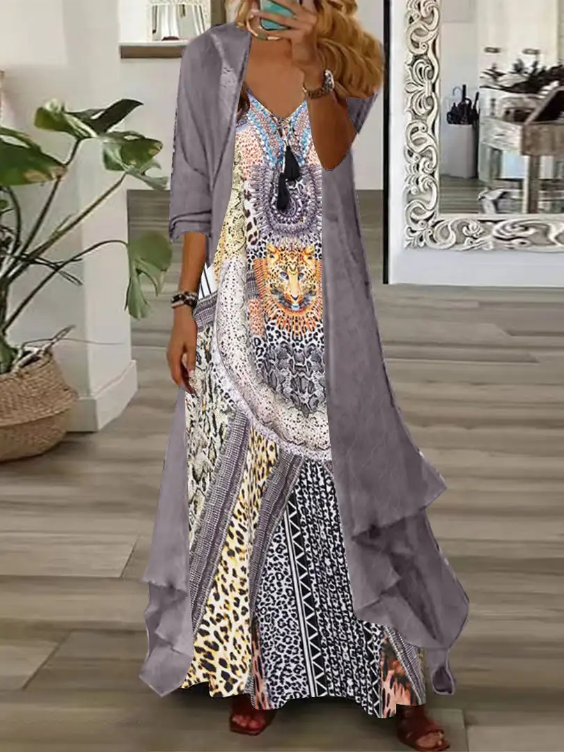 

Plus Size Women Half Sleeve V-neck Graphic Printed Two-Piece Maxi Dress