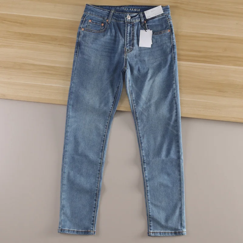 

Хлопковые эластичные мужские облегающие джинсы с тяжелой талией, весенне-осенние универсальные светло-голубые повседневные длинные брюки