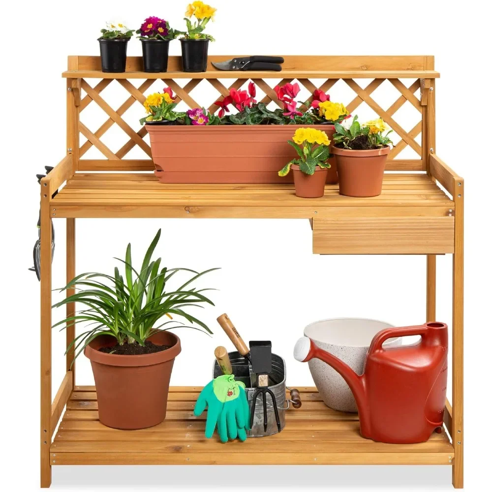 

Outdoor Garden Potting Bench, Wooden Workstation Table w/Cabinet Drawer, Open Shelf, Lower Storage, Lattice Back - Natural