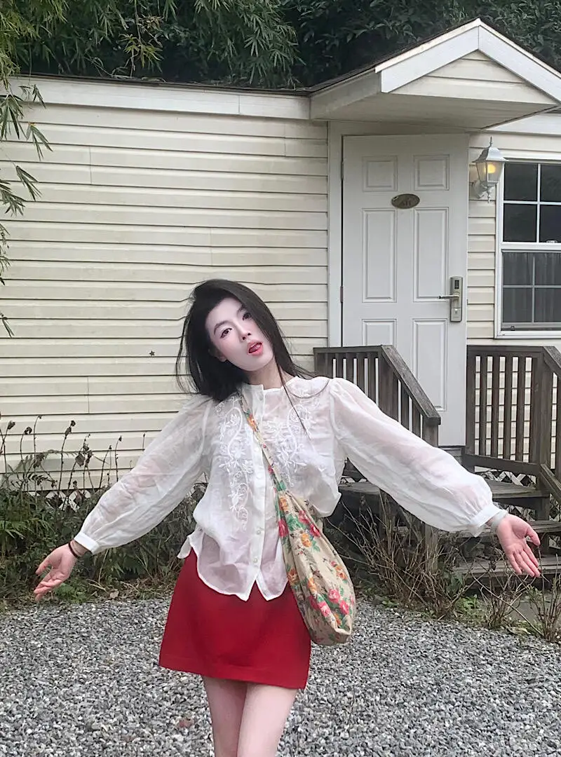 

Korean Style round Neck Embroidered See through Shirt And High Waist Skirt Two Piece Set for Women Summer Slimming Outfit