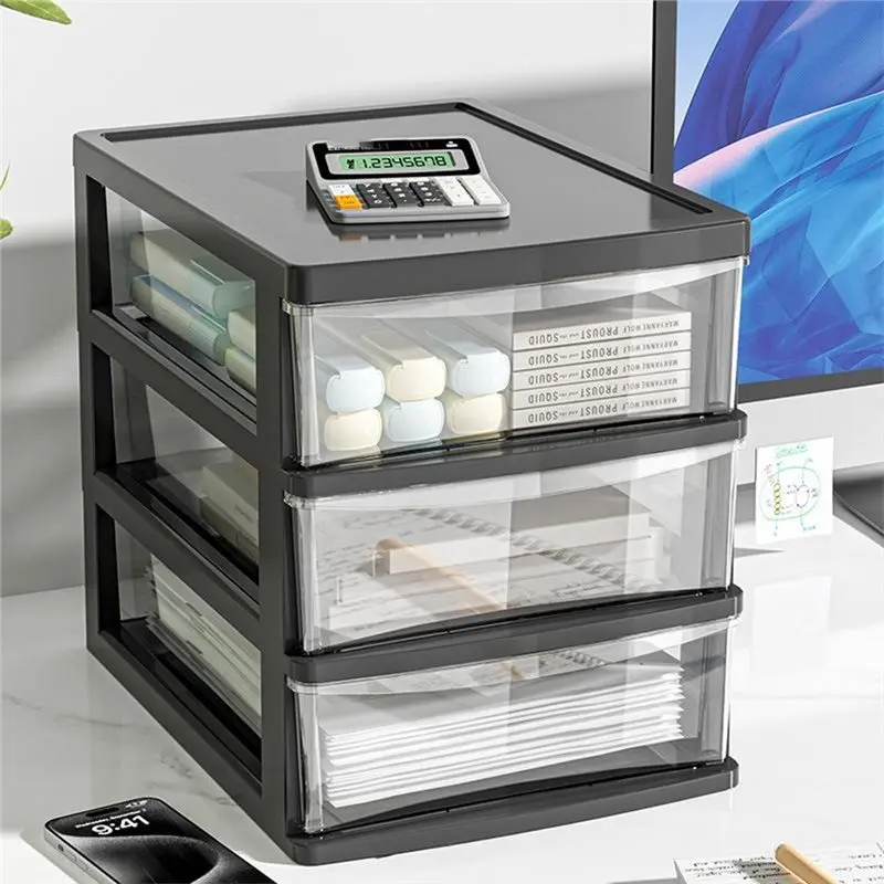 TFORU-Clear Desktop Storage Box Drawer Heightened Table Organizer Plastic Storage Cabinet Black 3-Layer