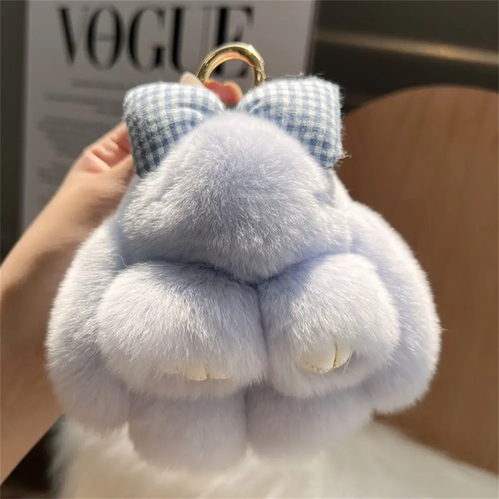 Hair Bow Rabbit Fur Keychain Pompoms Plush Dolls Bunny Keychain Bag Charm Keyholder Plush Rabbit Key Ring Car Key Chain