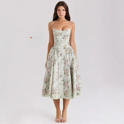 Mingmingxi Vestido de verano sin mangas con corsé, vestido midi elegante con estampado floral sexy, ropa elegante para mujer