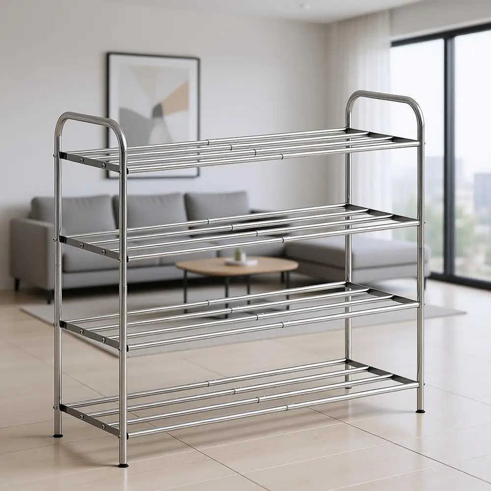 

Расширяемая 4-ярусная полка для обуви – регулируемая ширина, нержавеющая сталь, 4 перекладины на ярус, многофункциональная для шкафов, боковин лестниц, прихожих