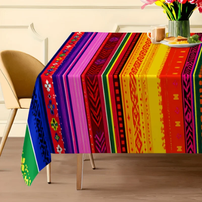 1pc Vibrant Boho Striped Tablecloth  Ethnic Geometric Pattern Waterproof Table Cover for Dining Room Kitchen Party Decor
