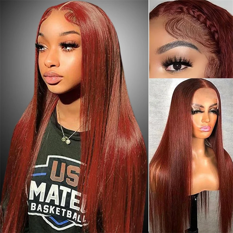 34 Inch Transparent Reddish Brown Straight 13X4 Lace Frontal Human Hair Wigs Colored Front Wig Human Hair For Women