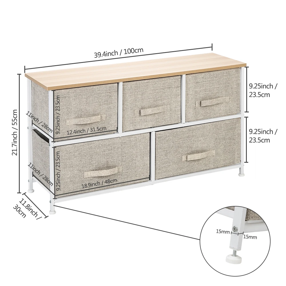 2-Tier Wide Closet Dresser Nursery Dresser Tower With 5 Easy Pull Fabric Drawers Multi-Purpose Organizer Dorm Room, Living Room