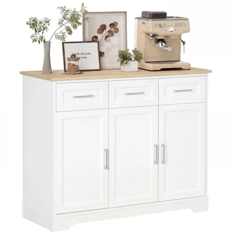 

Sideboard Buffet Cabinet with 3 Storage Drawers Kitchen Cabinet Coffee Bar with Adjustable Shelf for Living Room White