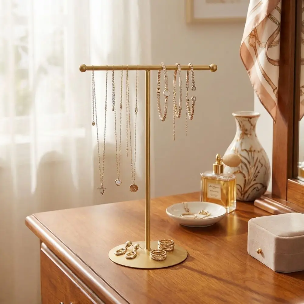 Metal Frame Jewelry Display Stand Round Base Single Layer Jewelry Storage Rack Moisture-proof Space Saving Necklace Holder