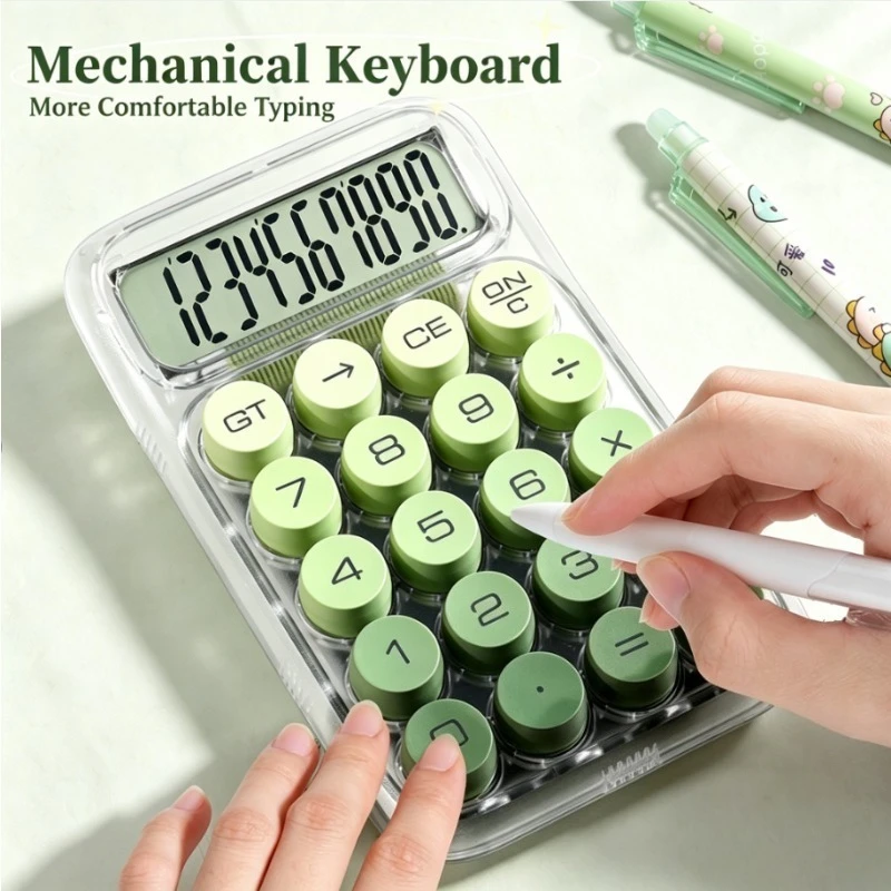 Aesthetic Transparent Mechanical Calculator, Portable Desktop Premium Calculator for University Students Office Daily Use