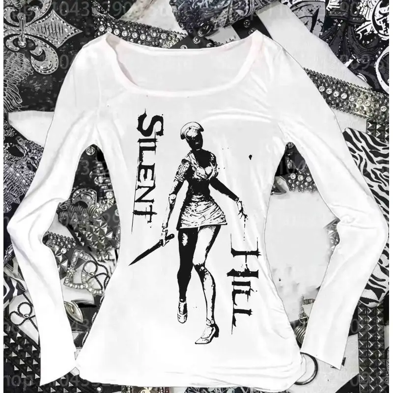 Street Punk Y2K Harajuku Baby T Shirt Emo Silent Hill Nurse Horror Game Dark Style Casual Street Long Sleeved Top