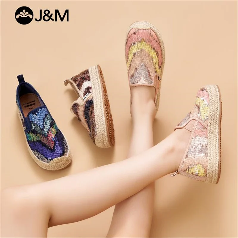 J&M Fisherman Shoes Women Casual Shoes Fashion Spring Summer Sequins Espadrilles Mesh Breathable Platform Slip-on Shoes Sneakers