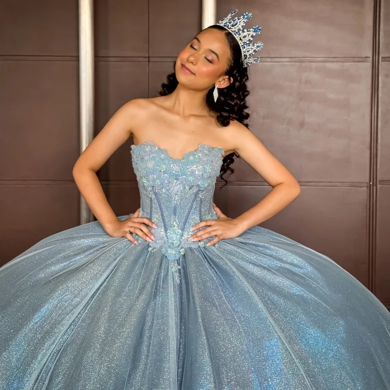 

Shiny aqua blue Quinceanera Dress Lace crystal glitter 3D flower decal Long tail Tull vestidos de 15 Quinceanera ﻿Customized