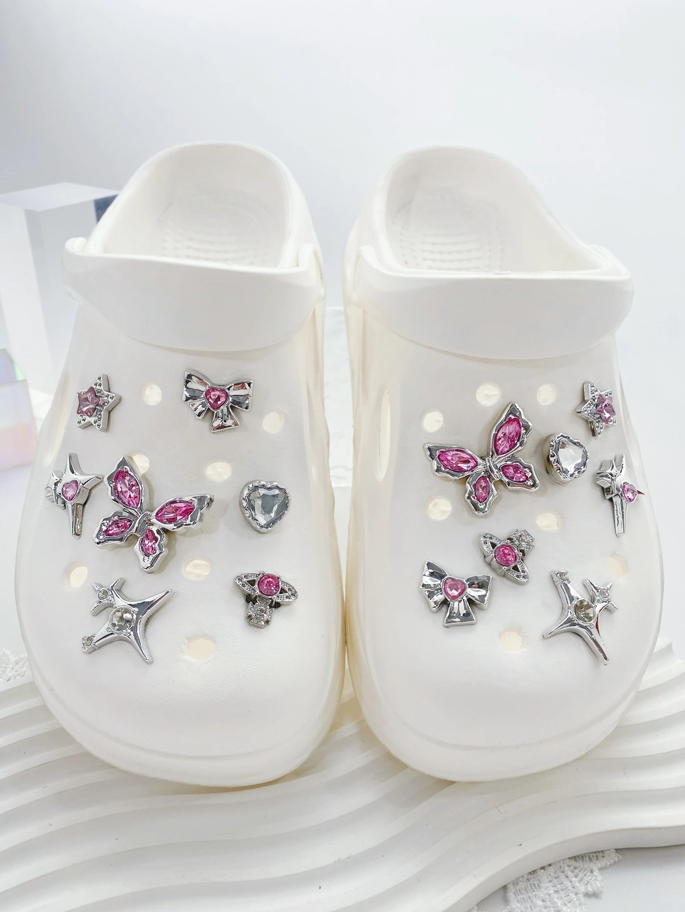 14 pcs Shoe Accessories (Silver Butterfly, Silver Heart, Sil