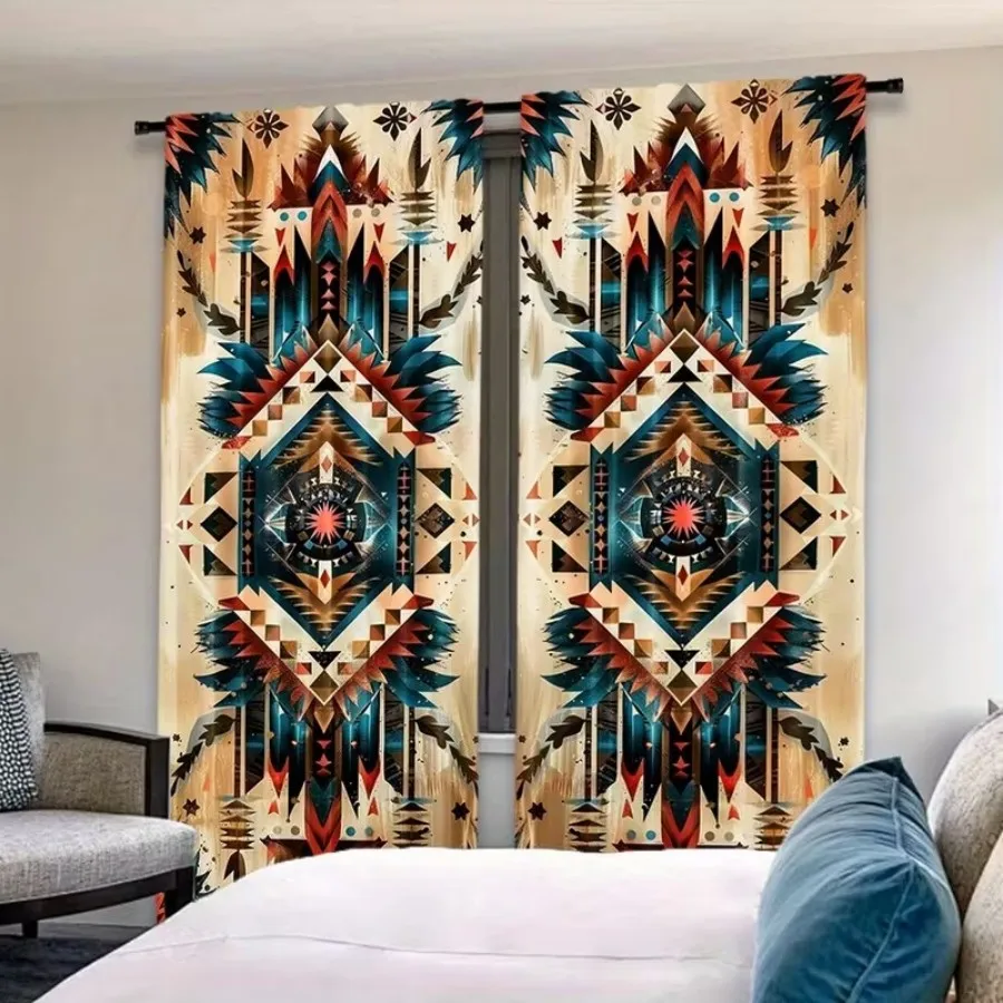 2 PCS Bohemian Floral Curtains, Ethnic Vintage Style Window Drapes for Living Room Bedroom Home Decor Polyester Rod Pocket