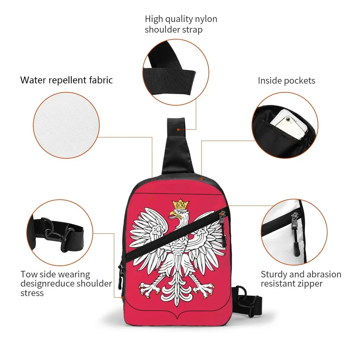 Kingdom Of Poland Flag Sling Chest Bag Custom Polska Coat Of Arms Shoulder Crossbody Backpack for Men Travel Hiking Daypack