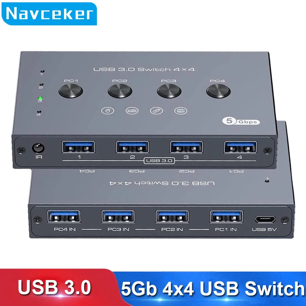 

Navceker 4 In 4 Out KVM USB 3.0 Switch Shared Controller Hub Adapter USB 2.0 Printer Switcher for PC Laptop Keyboard Mouse