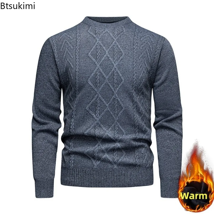 2025 Men's Autumn Winter Thicken Knitting Sweaters Solid Color Fleece Warm Pullovers Fashion Casual Slim Knitted Sweater for Men