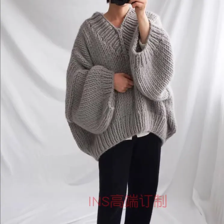 Large V-neck thick thread knitted sweater pullover pure wool sweater pullover top medium length women\'s thickened warmth