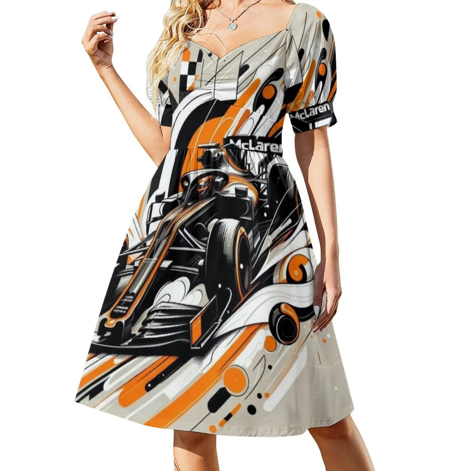 فستان سباق على الطراز الكوري للنساء فستان كاجوال أنيق للحفلات أو الارتداء اليومي فريق السباق البابايا البرتقالي والأزرق #2