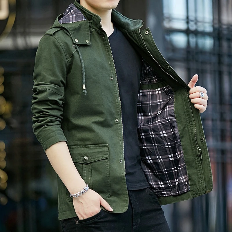 

Trench Coat Men's Autumn Coat Cotton Big Korean Version Medium And Long Versatile Hooded Men's Jacket