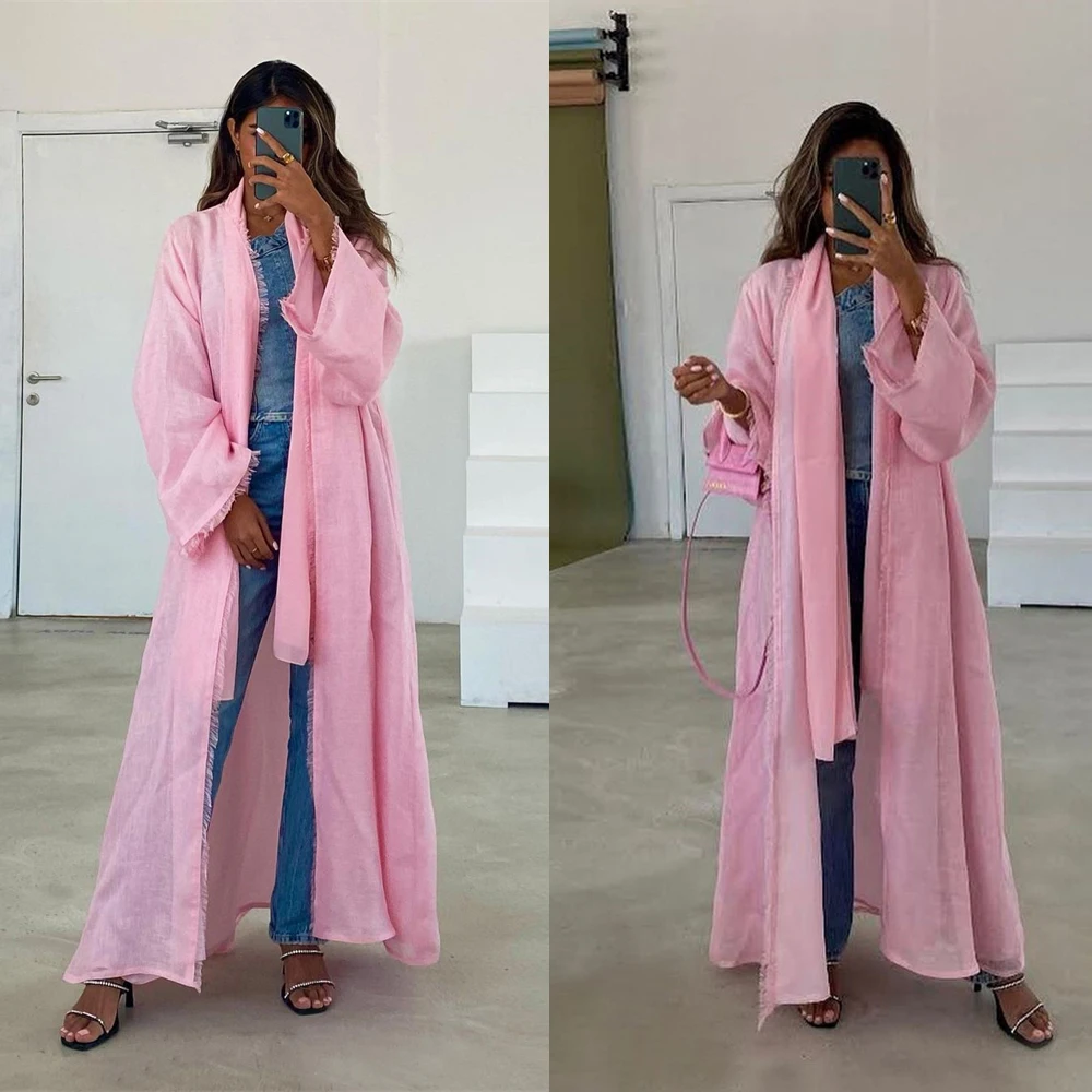 

Solid Modest Casual Pink Tassel Open Kimono Abaya Muslim Ramadan Eid Dubai Women Clothing Jalabiya Moroccan Caftan Party Evening