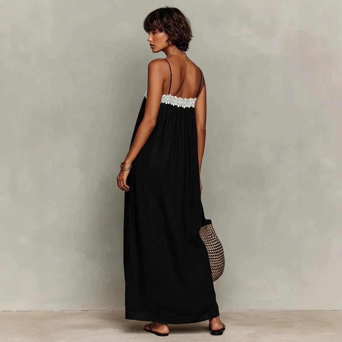 Lace Trim Strapless Maxi Dress, Summer Beach Dresses for Women, Flowy Overall Jumpsuit Playsuit