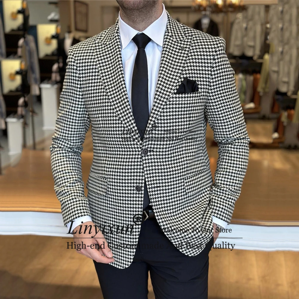 

Fashion Houndstooth Suits For Mens Formal Business Blazer Slim Fit Wedding Groom Tuxedo 2 Piece Set Jacket Pants Terno Masculino