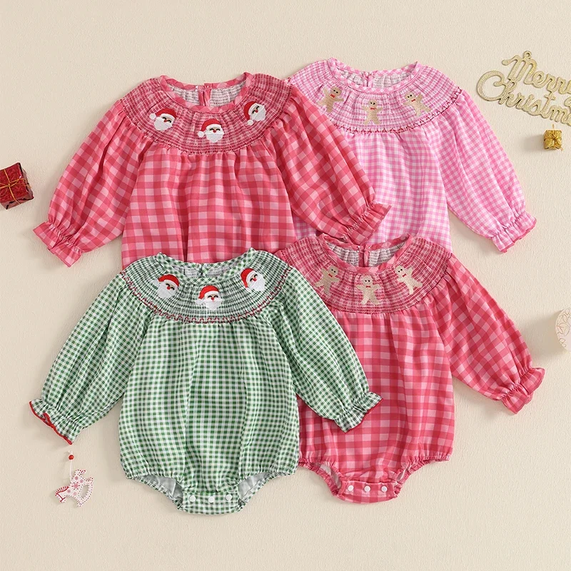 

Christmas Newborn Baby Girls Casual Rompers Clothes Plaid Santa Claus Embroidery Ruffles Long Sleeve O-neck Jumpsuits Playsuits