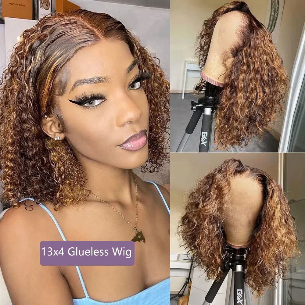 Highlight Blonde Short Bob Glueless Wig Human Hair Ready To Go Deep Wave 4/27 Colored Curly Bob 7x5 13x4 Glueless Wig For Women