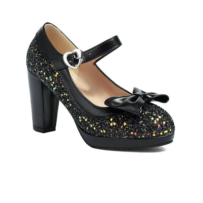 Glitter Bow Mary Jane Shoes Women Round Toe One Strap Platform Super High Block Heel Pumps