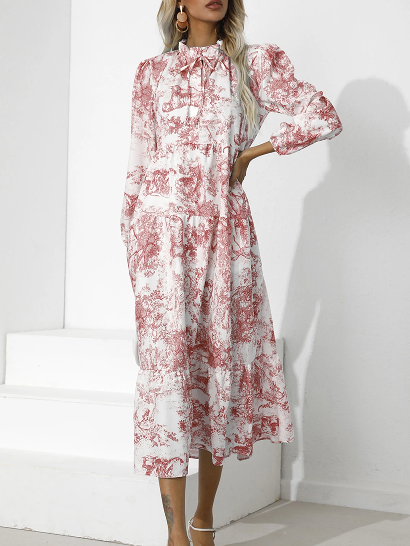 Elegantes Damen-Midikleid mit Batikmuster, Schnürung, lange Puffärmel, Stehkragen, A-Linie, Midikleid, Herbst-Urlaubskleid