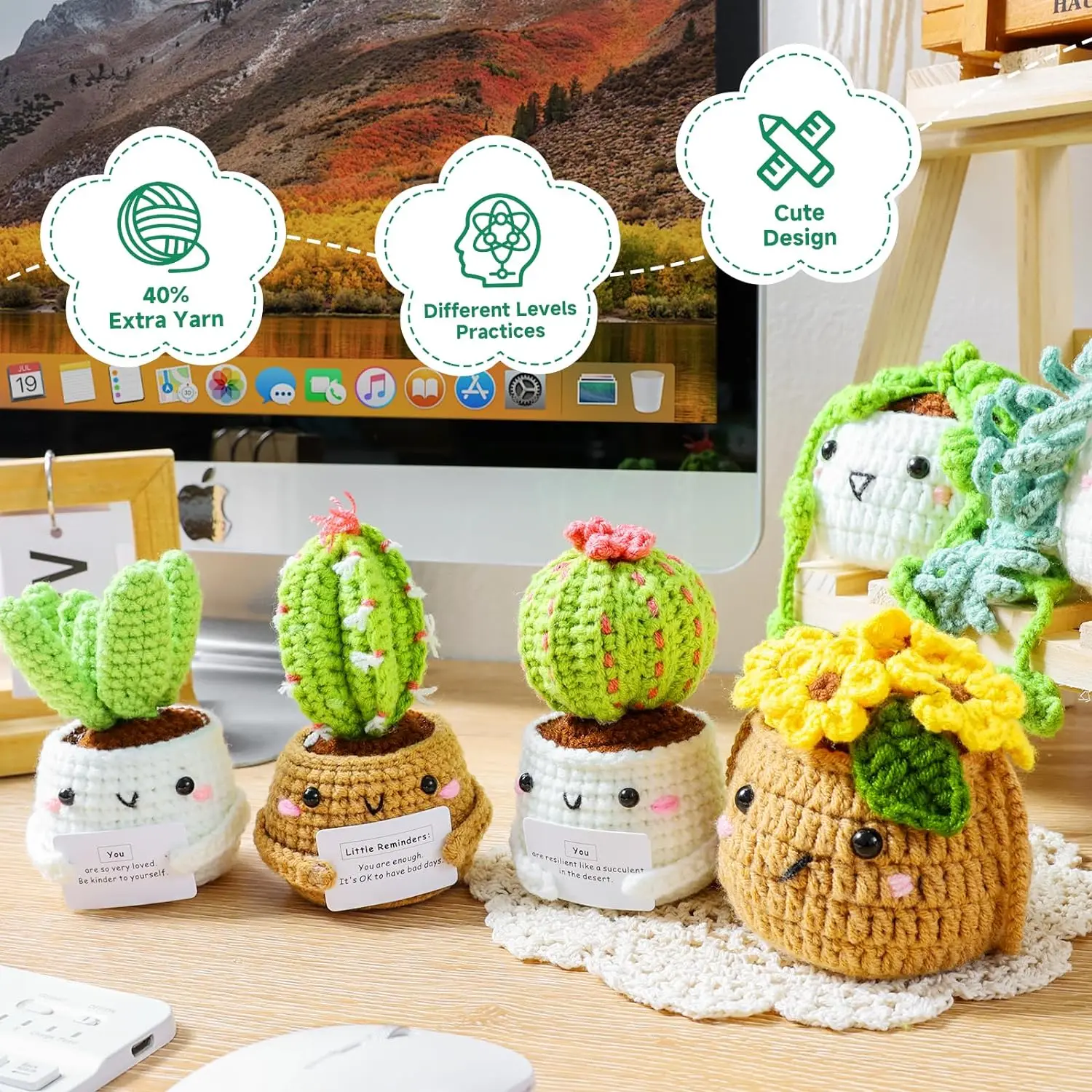 Crochet Kit for Beginners | 6 PC Potted Plants and Succulent Family Crochet Kit with Crochet Accessories(40%+ Yarn)