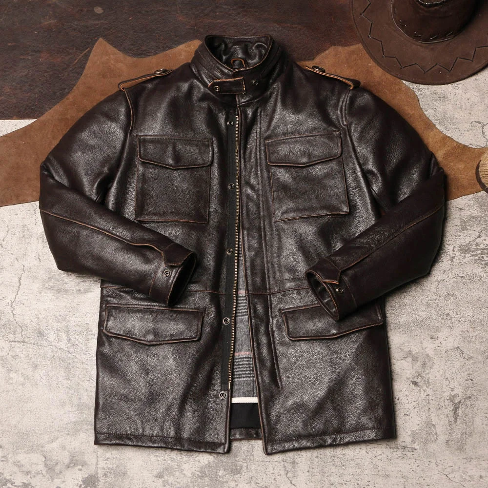 

Classic Free Shipping.58-60 size hunting M65 genuine leather jacket,Cowhide safari style long windcoat,Winter warm leather cloth