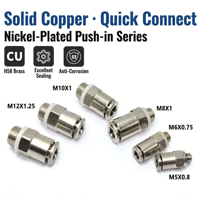 Full Copper Nickel Plated Pneumatic Quick Connector PC Metric M Straight Thread 6-M8*1 4-M6*0.75 M10*1 M12*1.25 M6X1 M5X0.8