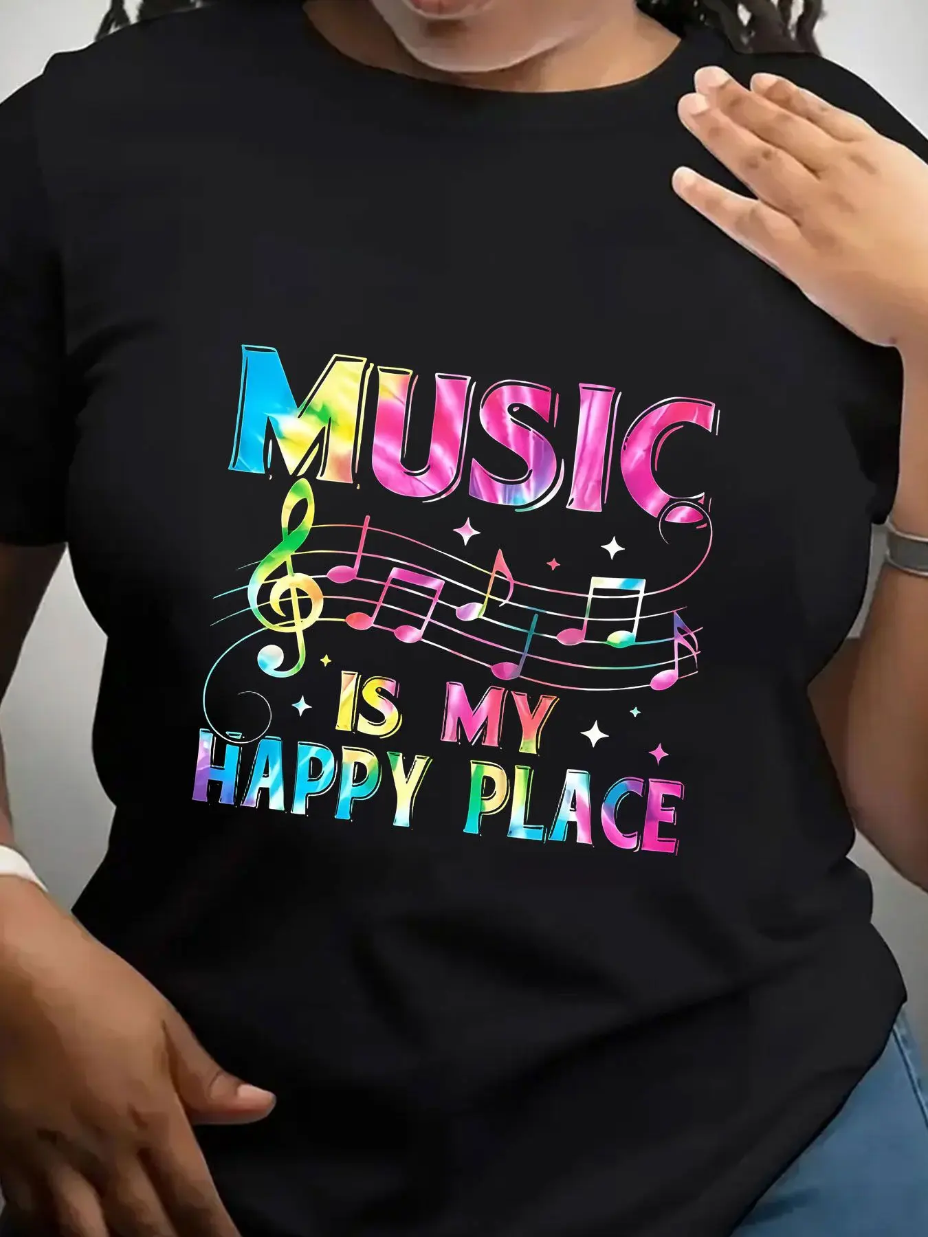 Women's Trendy Crew Neck T-Shirt Music Is My Happy Place Suitable for Casual Sportswear